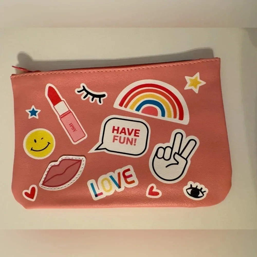 Ipsy Pink Peace Love Rainbow Zippered Make Up Travel Cosmetic Bag 7” x 5”